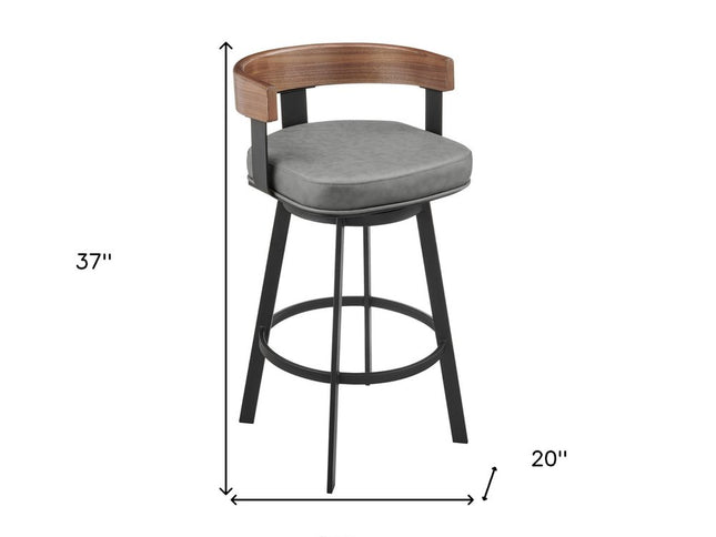 30" Gray Brown and Black Faux Leather and Iron Low Back Bar Height Swivel Bar Chair