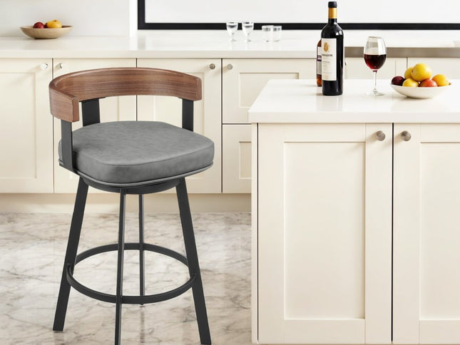 30" Gray Brown and Black Faux Leather and Iron Low Back Bar Height Swivel Bar Chair