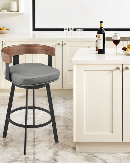 30" Gray Brown and Black Faux Leather and Iron Low Back Bar Height Swivel Bar Chair