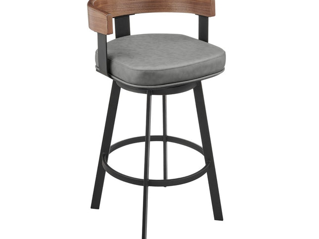 30" Gray Brown and Black Faux Leather and Iron Low Back Bar Height Swivel Bar Chair