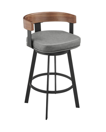 30" Gray Brown and Black Faux Leather and Iron Low Back Bar Height Swivel Bar Chair