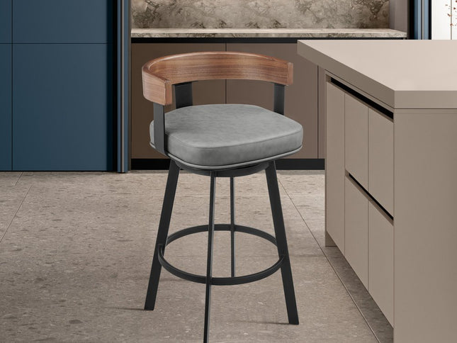 30" Gray Brown and Black Faux Leather and Iron Low Back Bar Height Swivel Bar Chair