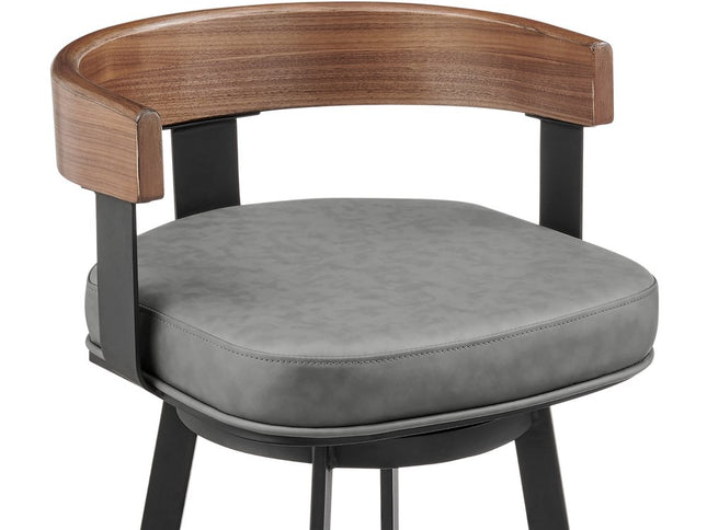 30" Gray Brown and Black Faux Leather and Iron Low Back Bar Height Swivel Bar Chair