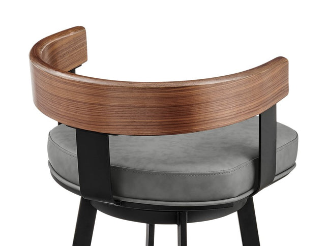 30" Gray Brown and Black Faux Leather and Iron Low Back Bar Height Swivel Bar Chair