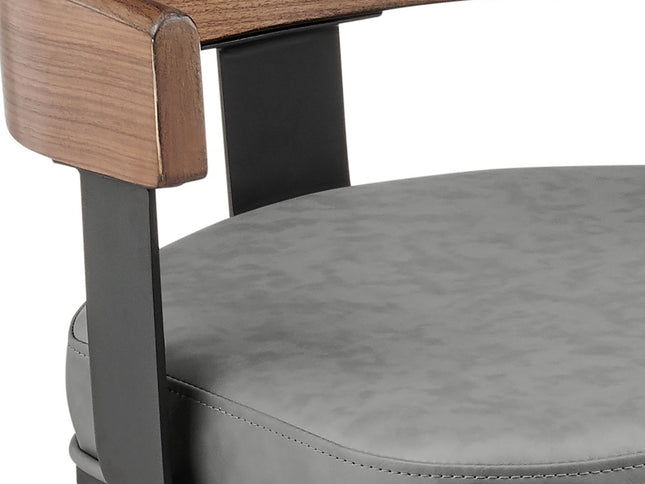 30" Gray Brown and Black Faux Leather and Iron Low Back Bar Height Swivel Bar Chair