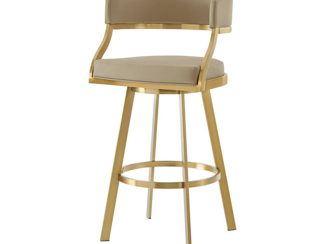 30" Sand and Gold Faux Leather and Stainless Steel Low Back Bar Height Swivel Bar Chair