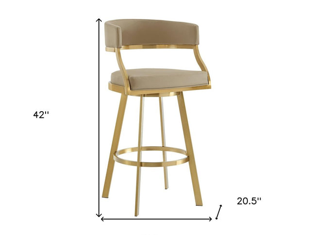 30" Sand and Gold Faux Leather and Stainless Steel Low Back Bar Height Swivel Bar Chair