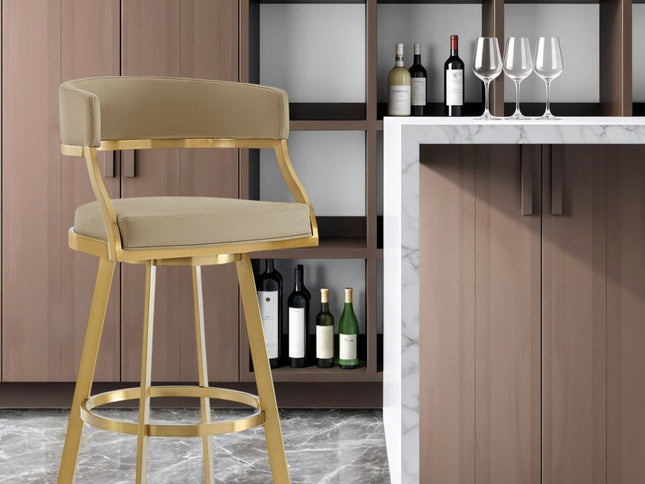 30" Sand and Gold Faux Leather and Stainless Steel Low Back Bar Height Swivel Bar Chair