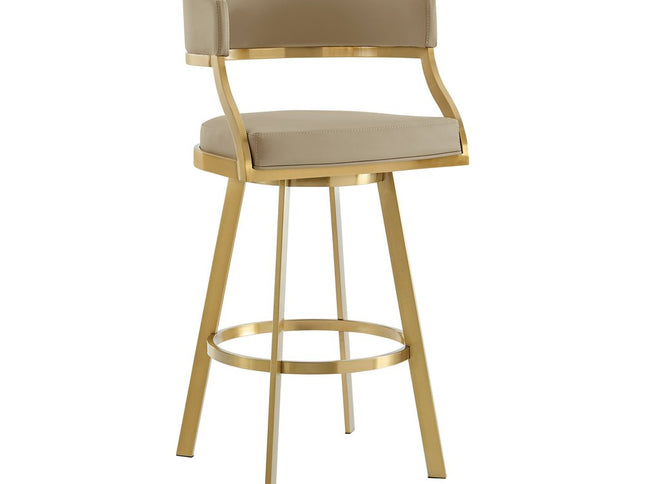 30" Sand and Gold Faux Leather and Stainless Steel Low Back Bar Height Swivel Bar Chair
