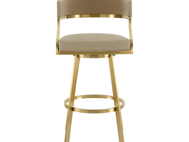 30" Sand and Gold Faux Leather and Stainless Steel Low Back Bar Height Swivel Bar Chair