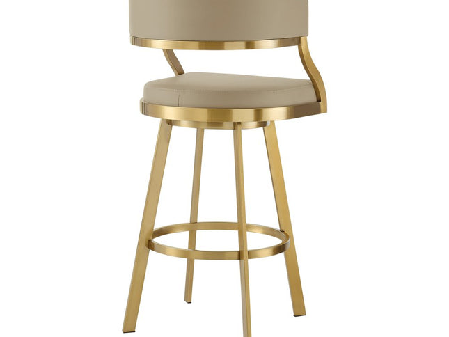 30" Sand and Gold Faux Leather and Stainless Steel Low Back Bar Height Swivel Bar Chair