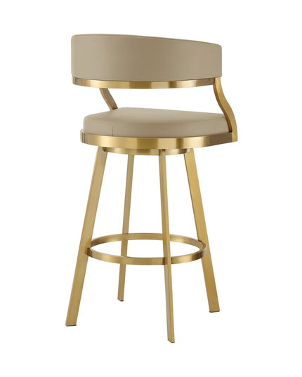 30" Sand and Gold Faux Leather and Stainless Steel Low Back Bar Height Swivel Bar Chair