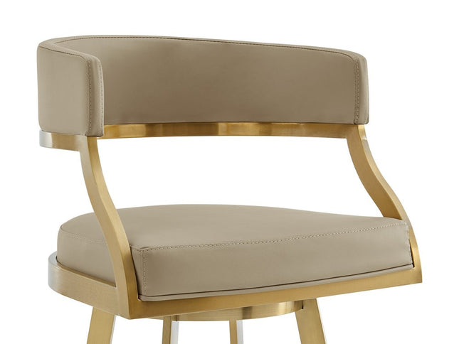 30" Sand and Gold Faux Leather and Stainless Steel Low Back Bar Height Swivel Bar Chair
