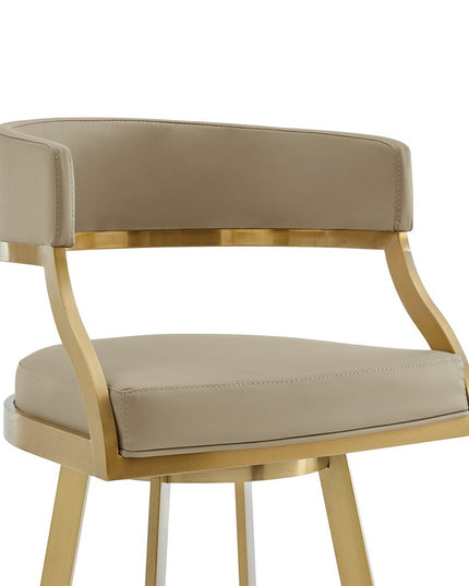 30" Sand and Gold Faux Leather and Stainless Steel Low Back Bar Height Swivel Bar Chair