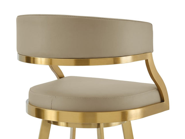 30" Sand and Gold Faux Leather and Stainless Steel Low Back Bar Height Swivel Bar Chair