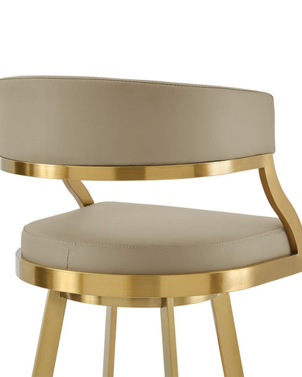 30" Sand and Gold Faux Leather and Stainless Steel Low Back Bar Height Swivel Bar Chair