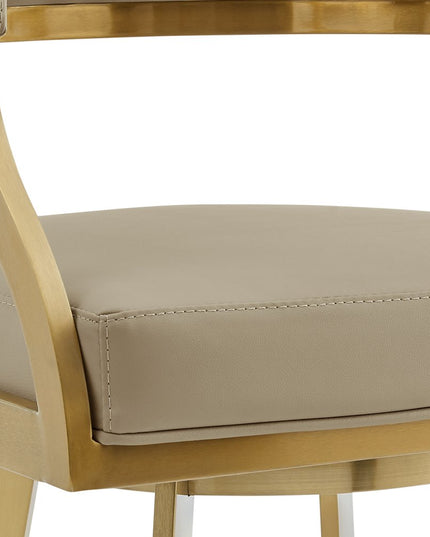 30" Sand and Gold Faux Leather and Stainless Steel Low Back Bar Height Swivel Bar Chair