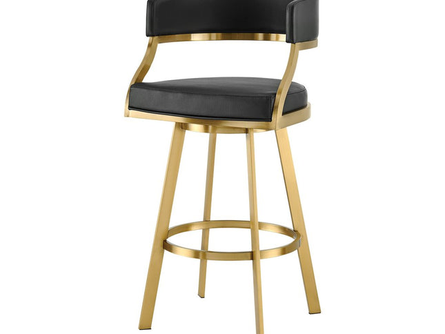 30" Black and Gold Faux Leather and Stainless Steel Low Back Bar Height Swivel Bar Chair
