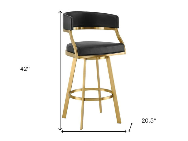 30" Black and Gold Faux Leather and Stainless Steel Low Back Bar Height Swivel Bar Chair