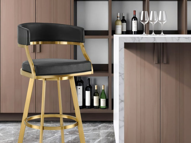 30" Black and Gold Faux Leather and Stainless Steel Low Back Bar Height Swivel Bar Chair