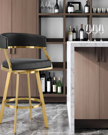 30" Black and Gold Faux Leather and Stainless Steel Low Back Bar Height Swivel Bar Chair