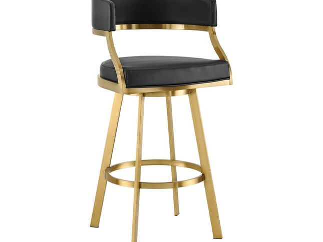 30" Black and Gold Faux Leather and Stainless Steel Low Back Bar Height Swivel Bar Chair