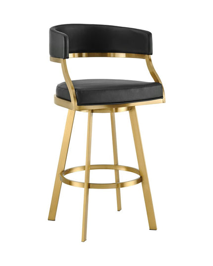 30" Black and Gold Faux Leather and Stainless Steel Low Back Bar Height Swivel Bar Chair