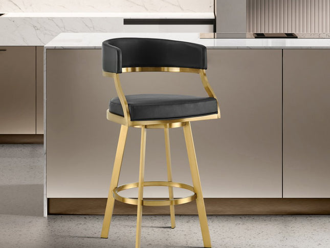 30" Black and Gold Faux Leather and Stainless Steel Low Back Bar Height Swivel Bar Chair