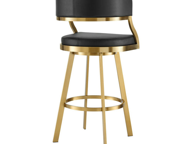 30" Black and Gold Faux Leather and Stainless Steel Low Back Bar Height Swivel Bar Chair