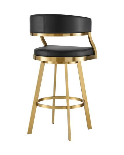 30" Black and Gold Faux Leather and Stainless Steel Low Back Bar Height Swivel Bar Chair