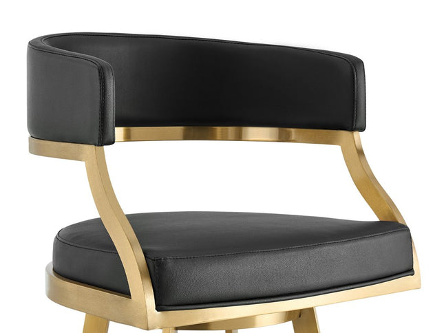 30" Black and Gold Faux Leather and Stainless Steel Low Back Bar Height Swivel Bar Chair