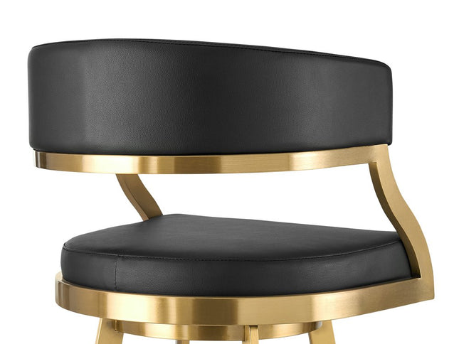 30" Black and Gold Faux Leather and Stainless Steel Low Back Bar Height Swivel Bar Chair