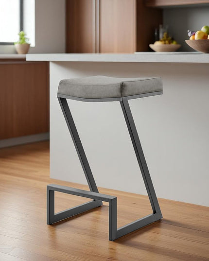 26" Gray and Black Faux Leather and Iron Backless Counter Height Bar Chair