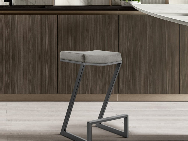 26" Gray and Black Faux Leather and Iron Backless Counter Height Bar Chair