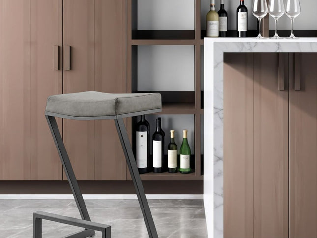 30" Gray and Black Faux Leather and Iron Backless Bar Height Bar Chair