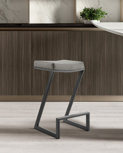 30" Gray and Black Faux Leather and Iron Backless Bar Height Bar Chair