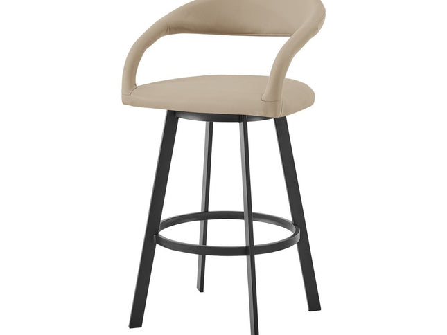 26" Beige and Black Faux Leather and Iron Low Back Counter Height Swivel Bar Chair