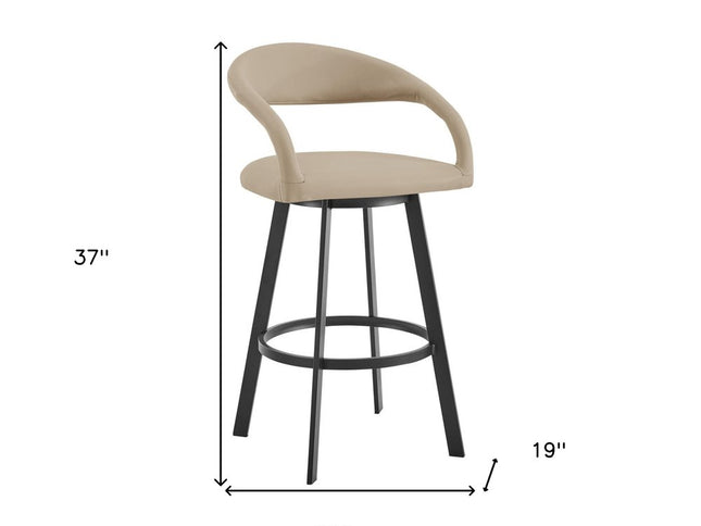 26" Beige and Black Faux Leather and Iron Low Back Counter Height Swivel Bar Chair