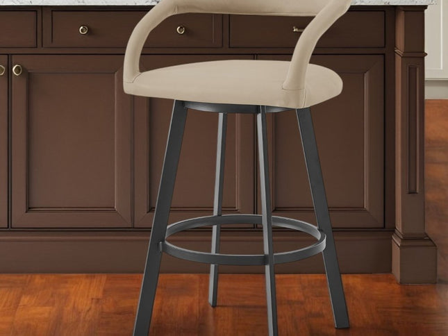 26" Beige and Black Faux Leather and Iron Low Back Counter Height Swivel Bar Chair