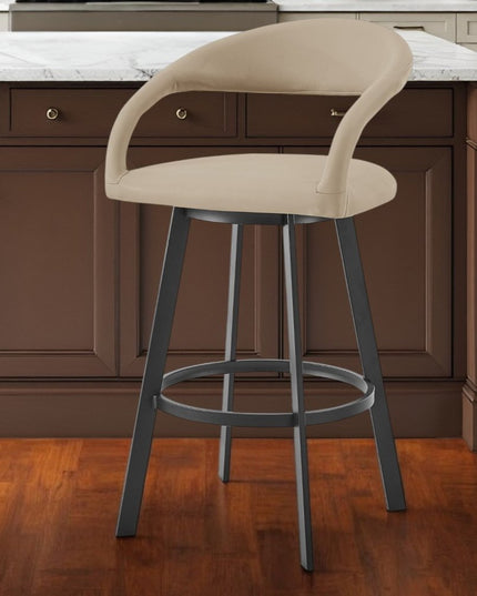 26" Beige and Black Faux Leather and Iron Low Back Counter Height Swivel Bar Chair