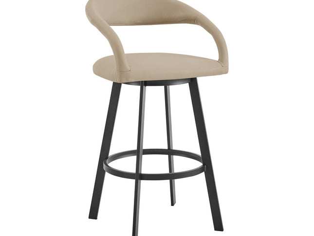 26" Beige and Black Faux Leather and Iron Low Back Counter Height Swivel Bar Chair