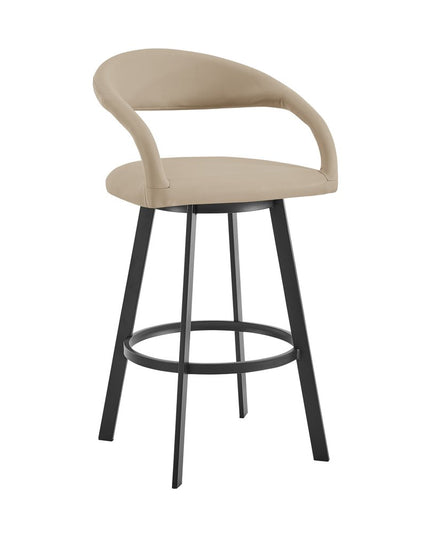 26" Beige and Black Faux Leather and Iron Low Back Counter Height Swivel Bar Chair