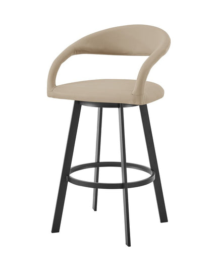 30" Beige and Black Faux Leather and Iron Low Back Bar Height Swivel Bar Chair