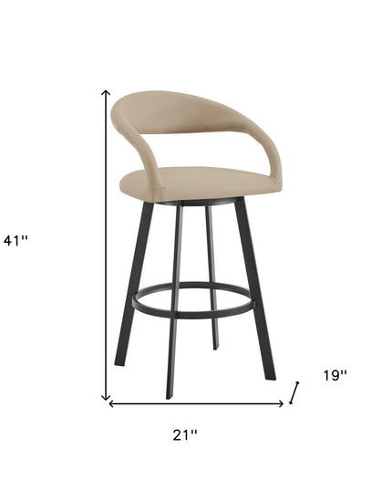 30" Beige and Black Faux Leather and Iron Low Back Bar Height Swivel Bar Chair