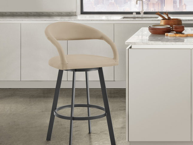 30" Beige and Black Faux Leather and Iron Low Back Bar Height Swivel Bar Chair