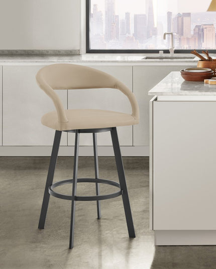 30" Beige and Black Faux Leather and Iron Low Back Bar Height Swivel Bar Chair