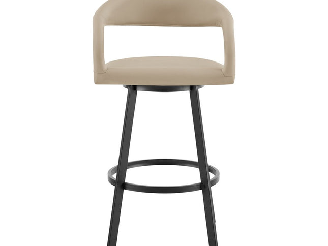 30" Beige and Black Faux Leather and Iron Low Back Bar Height Swivel Bar Chair