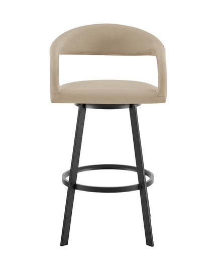 30" Beige and Black Faux Leather and Iron Low Back Bar Height Swivel Bar Chair