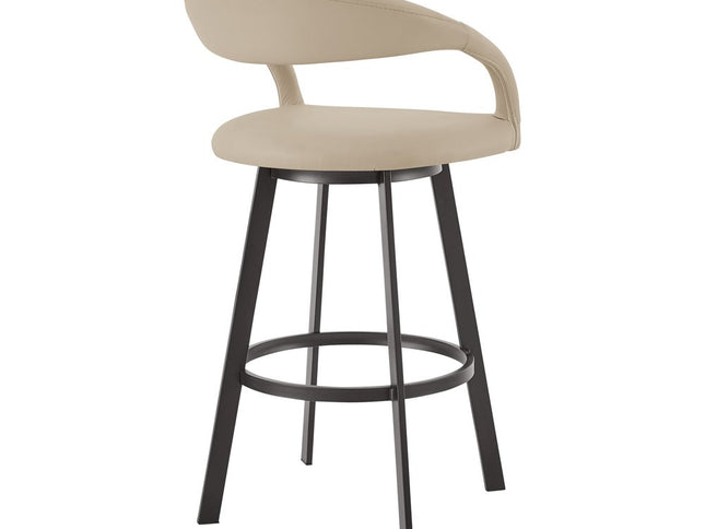 30" Beige and Black Faux Leather and Iron Low Back Bar Height Swivel Bar Chair