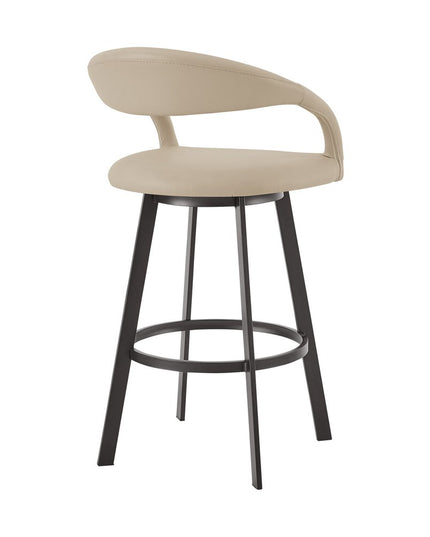 30" Beige and Black Faux Leather and Iron Low Back Bar Height Swivel Bar Chair
